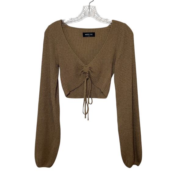 White Fox Tops - White Fox Brown Ribbed Lace‎ Up Crop Top Balloon Sleeve Size XS Minimalist Basic